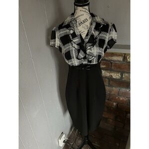 Womens Voir Voir Print Top Black Dress W/ Belt  8 Ruffled Neck  Side Zip Classy